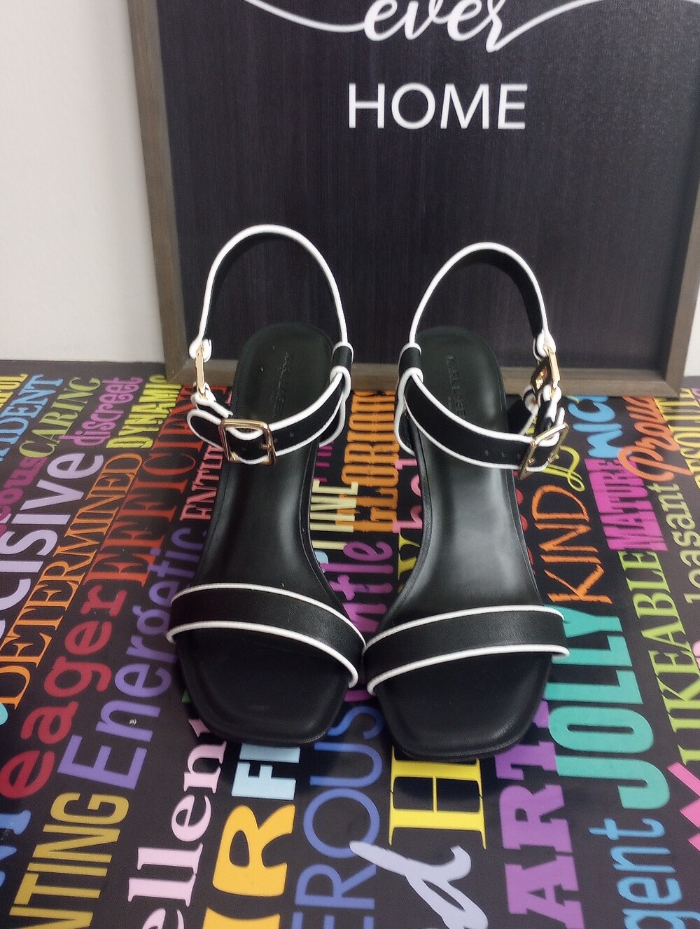 Karl Lagerfeld Black Strappy Sandals with White Trim
